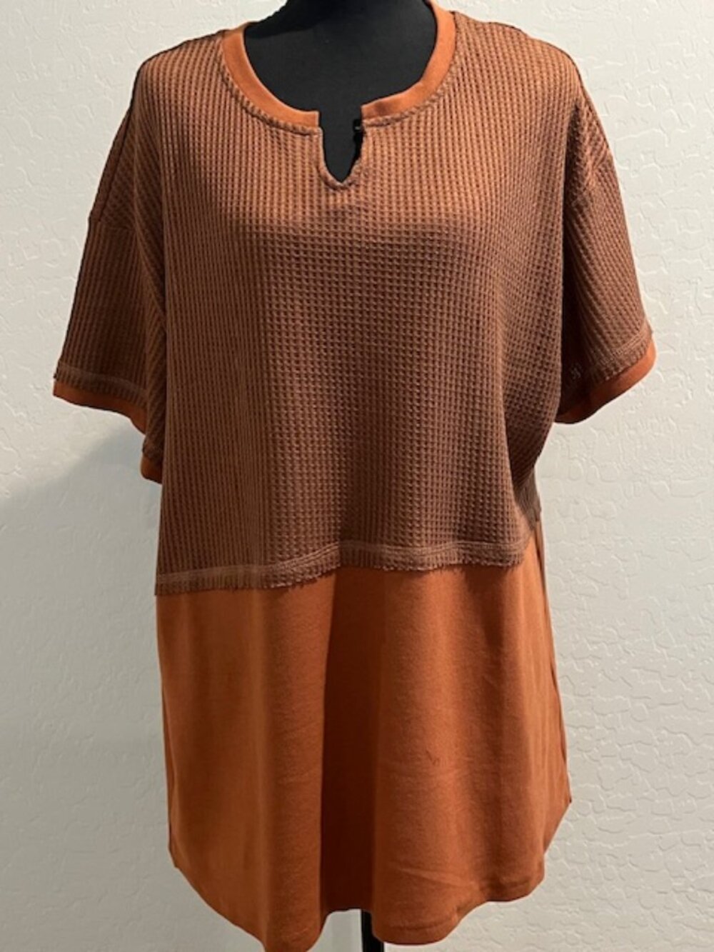 Boutique Rust Color block Waffle Knit Tunic Top XL Short Sleeve, Flowy